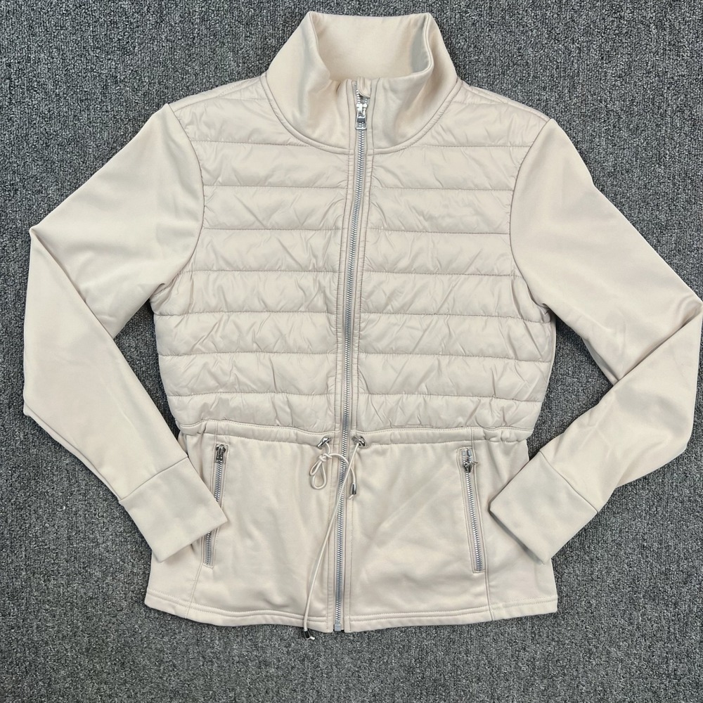Avia Gorpcore Hybrid Quilted Puffer Track Jacket S Beige Cinch Waist Thumbholes